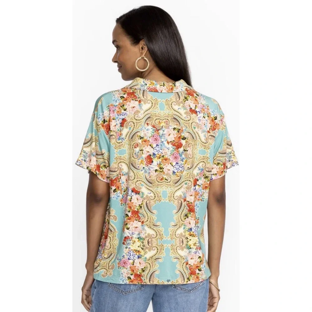 JOHNNY WAS Women Size XXL Rivoray Floral S/S Paisley Polo Tee Shirt Boho Ornate